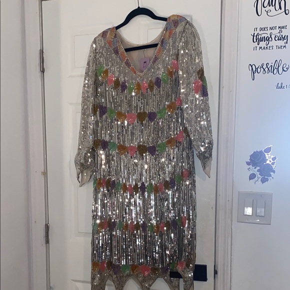 Silver Sequin Dress with Multicolor Accents